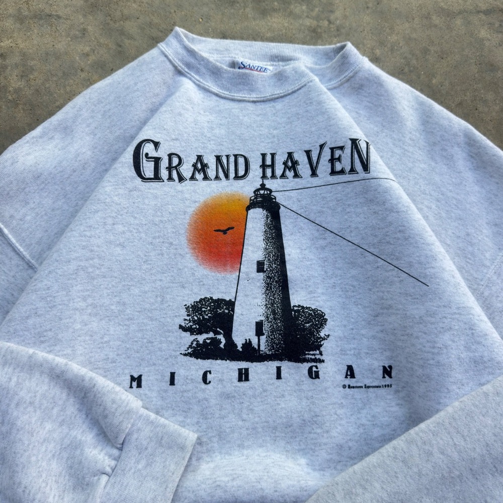 Vintage 90s Santee Grand Haven Lighthouse Michigan Nature Grey XL (L1)